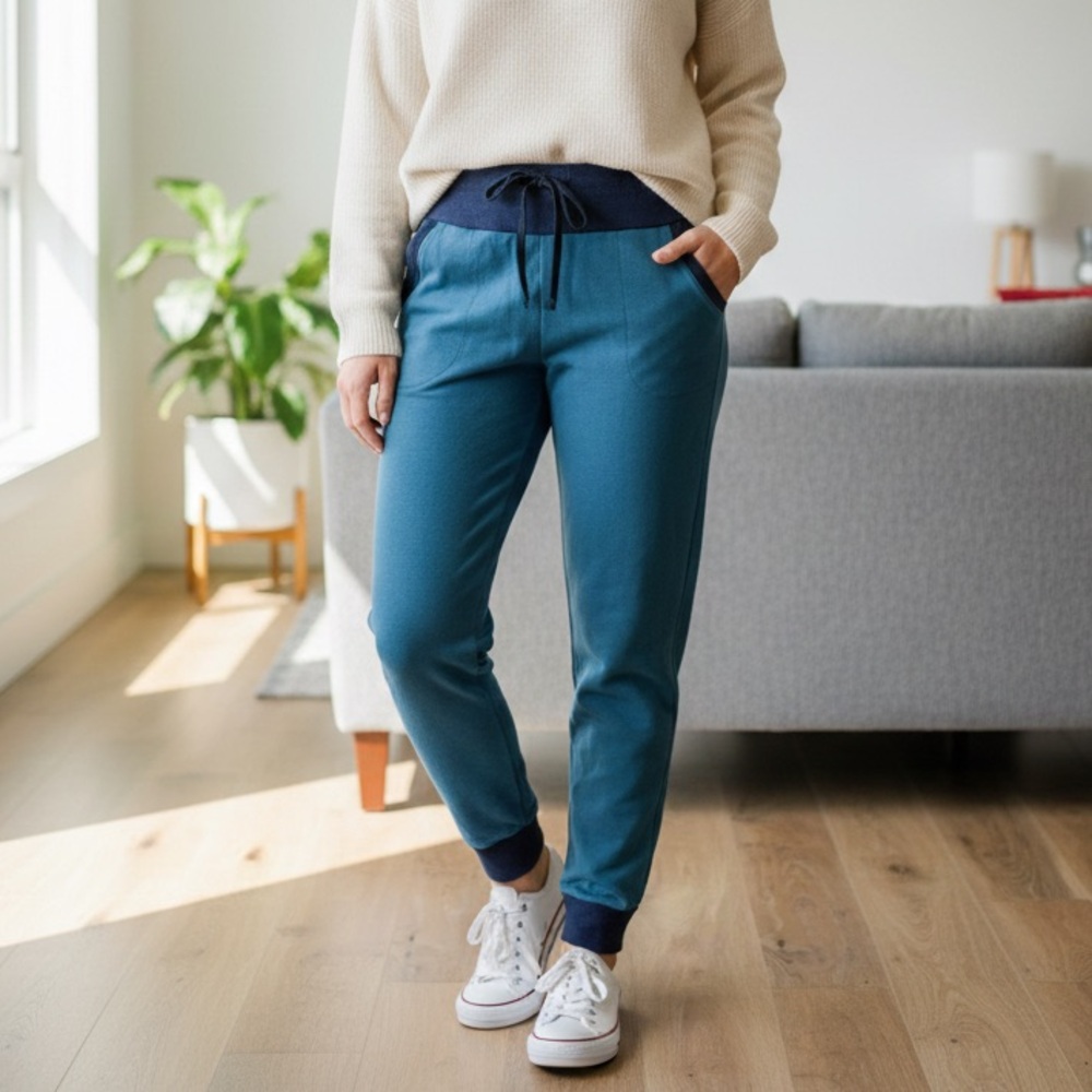 Etsy Custom Navy Teal Jogger Pants S/M Cotton Fleece Lined Drawstring Pockets